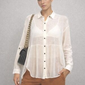 Anthropologie Everleigh Boho Button-Up Sheer Blouse Sz M Roll Tab Sleeve